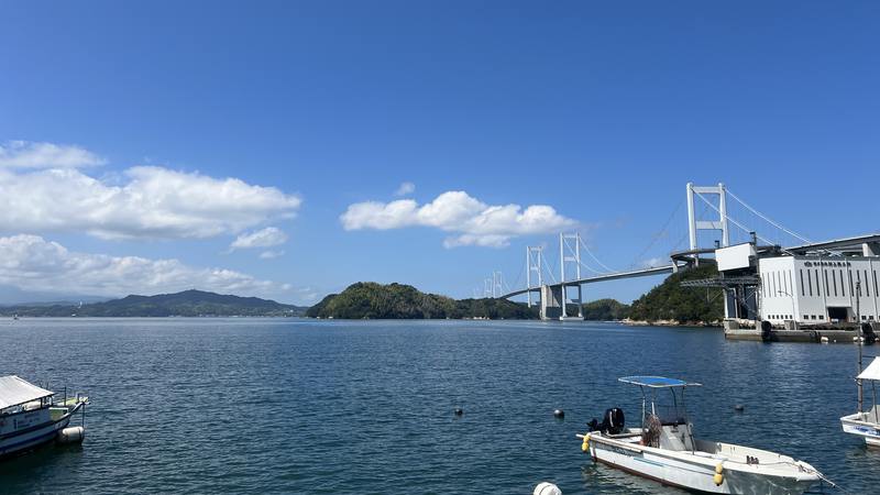 よしうみいきいき館前の港と来島海峡大橋